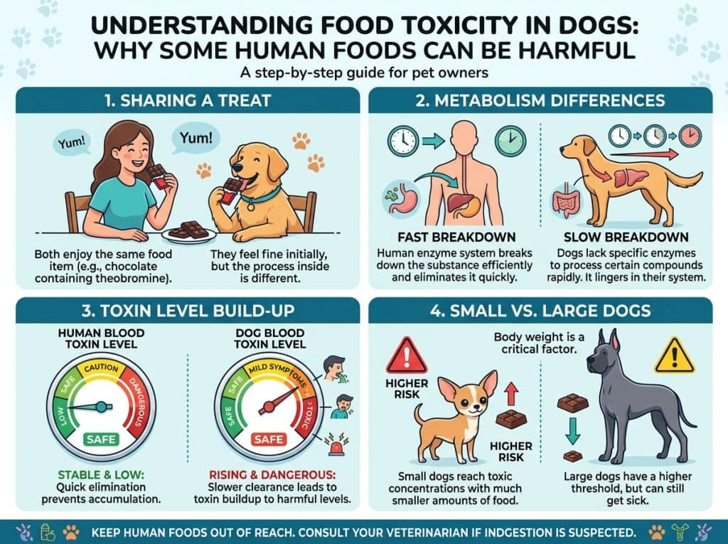 Infographic explaining why some human foods become toxic for dogs, showing toxin buildup in the body and how smaller dogs reach dangerous levels faster.