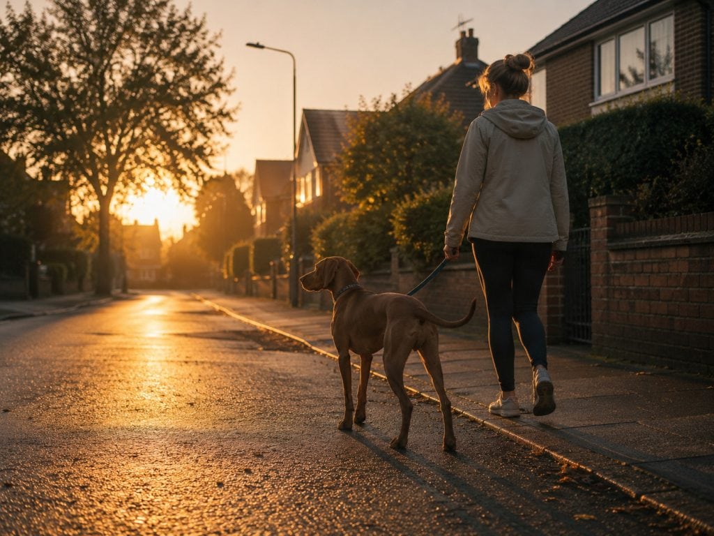 A Vizsla walks with its owner along a quiet suburban street during an early morning summer walk, with cool golden light and long shadows illustrating how walking earlier in the day can create more comfortable conditions for dogs in warm weather.