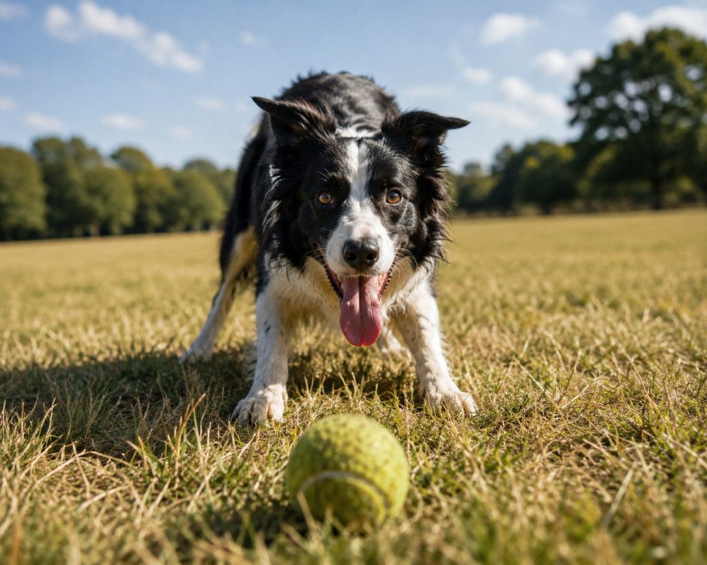 A heavily panting Border Collie stares intensely at a tennis ball in a sunny open field, illustrating how dogs can continue wanting to play and exercise even when heat and exhaustion are beginning to build.