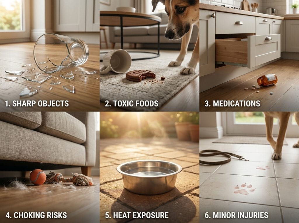 Six-panel educational collage showing common dog first aid risks at home, including broken glass, toxic food, medication, choking hazards, heat exposure, and a minor paw injury.
