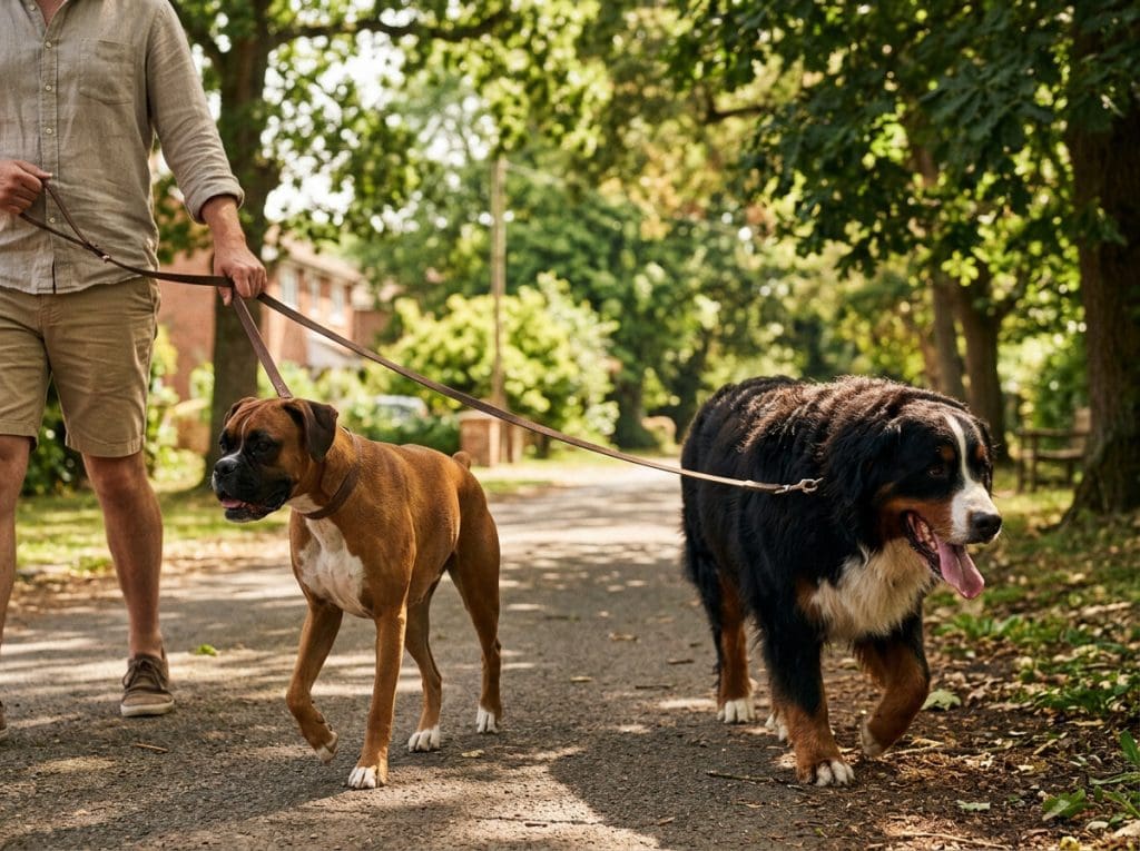 A Boxer and Bernese Mountain Dog walk together on a warm summer path, illustrating how different dogs can experience heat differently depending on factors such as coat type, body build, and individual tolerance.