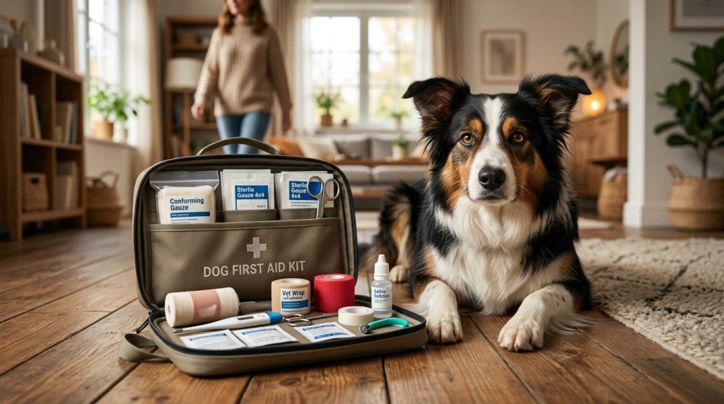 Border Collie lying calmly beside a dog first aid kit and basic medical supplies inside a warm family home.