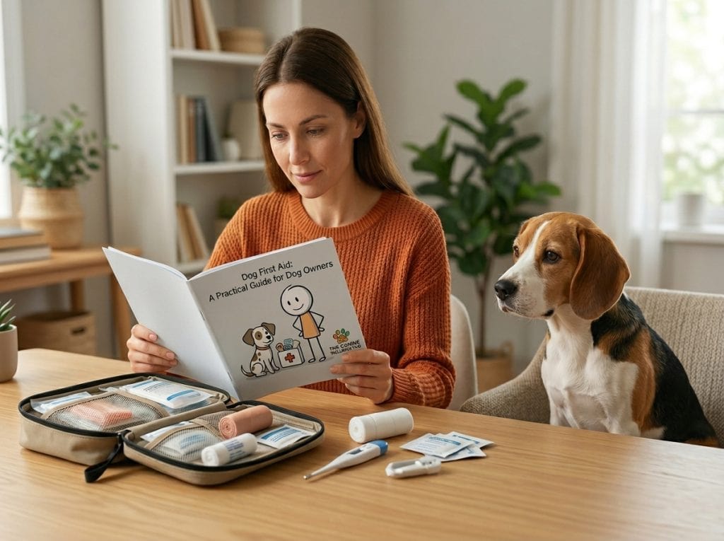 Owner reading dog first aid guide with medical kit on table while dog sits beside them at home