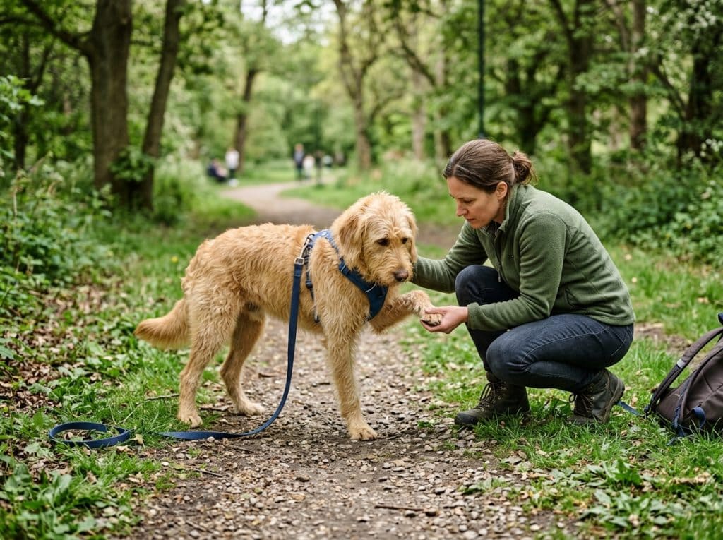 Owner kneeling to check dog’s paw while dog lifts leg showing possible injury during walk