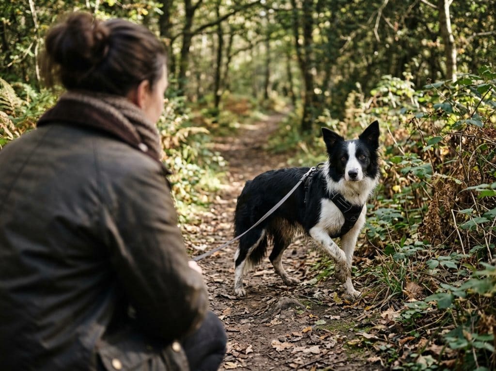 Border Collie pausing on a woodland path and looking back toward its owner for reassurance during an uncertain outdoor moment.