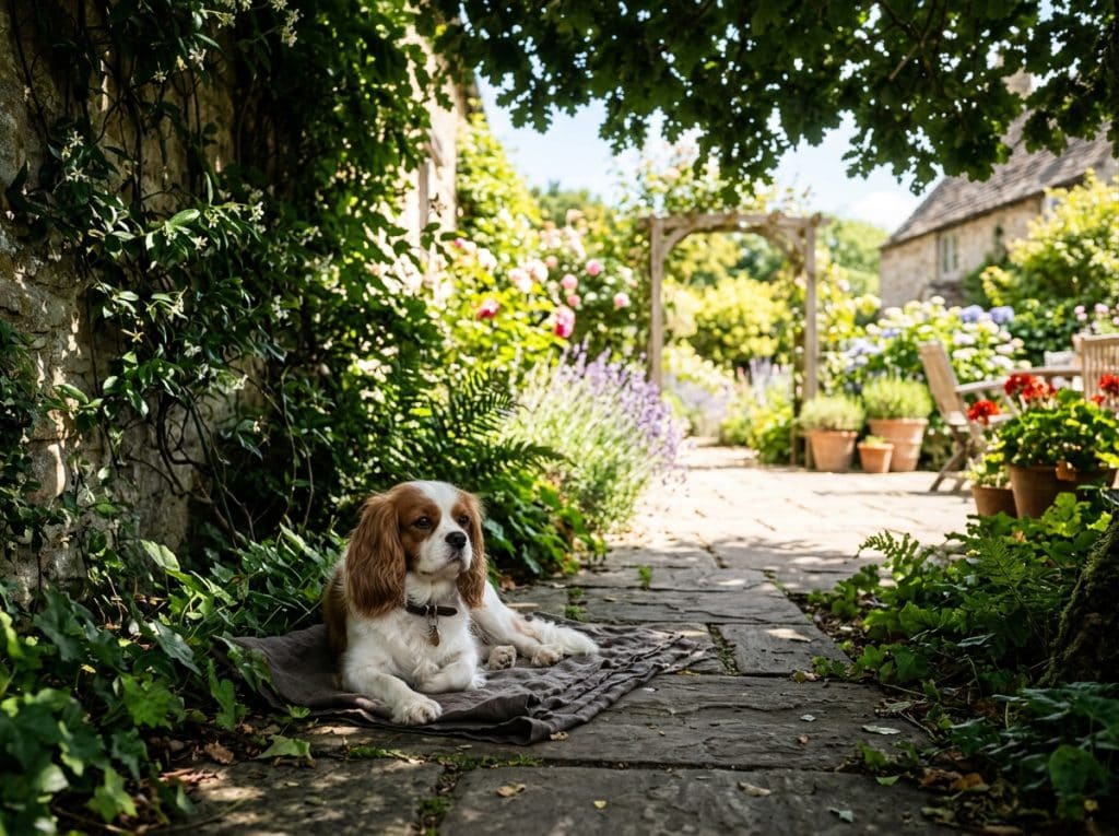 A Cavalier King Charles Spaniel rests comfortably in cool garden shade beside a sunlit patio during warm weather, illustrating how calmer and cooler environments can help dogs stay comfortable on hotter days.