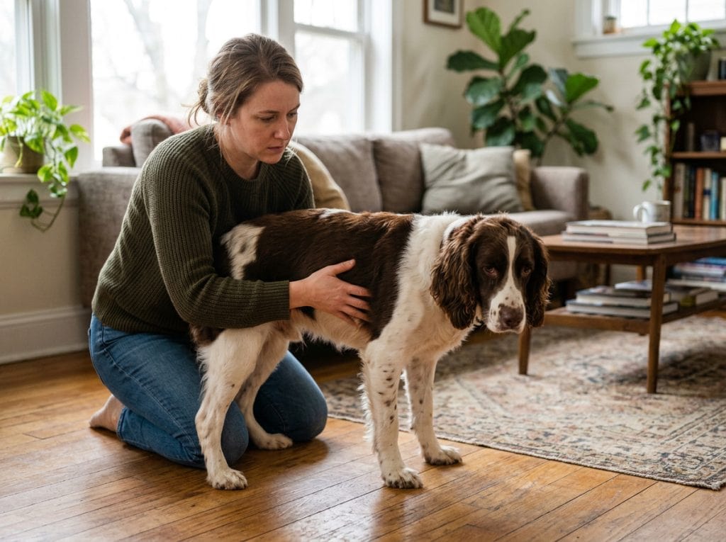 Owner supporting dog that appears weak and unsteady while checking for signs of illness at home
