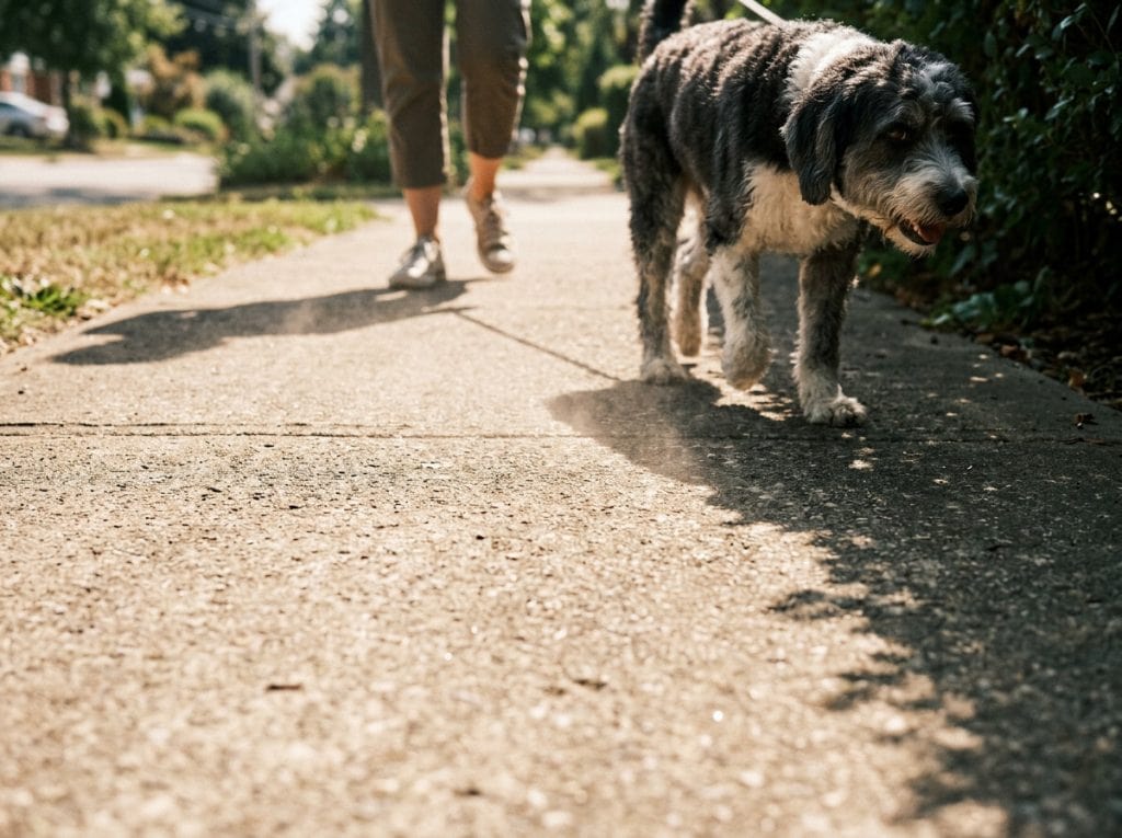 A Bordoodle walks close to the shaded edge of a hot summer pavement while heat rises from the sunlit surface, illustrating how heated ground can quietly affect dogs during warm weather walks.