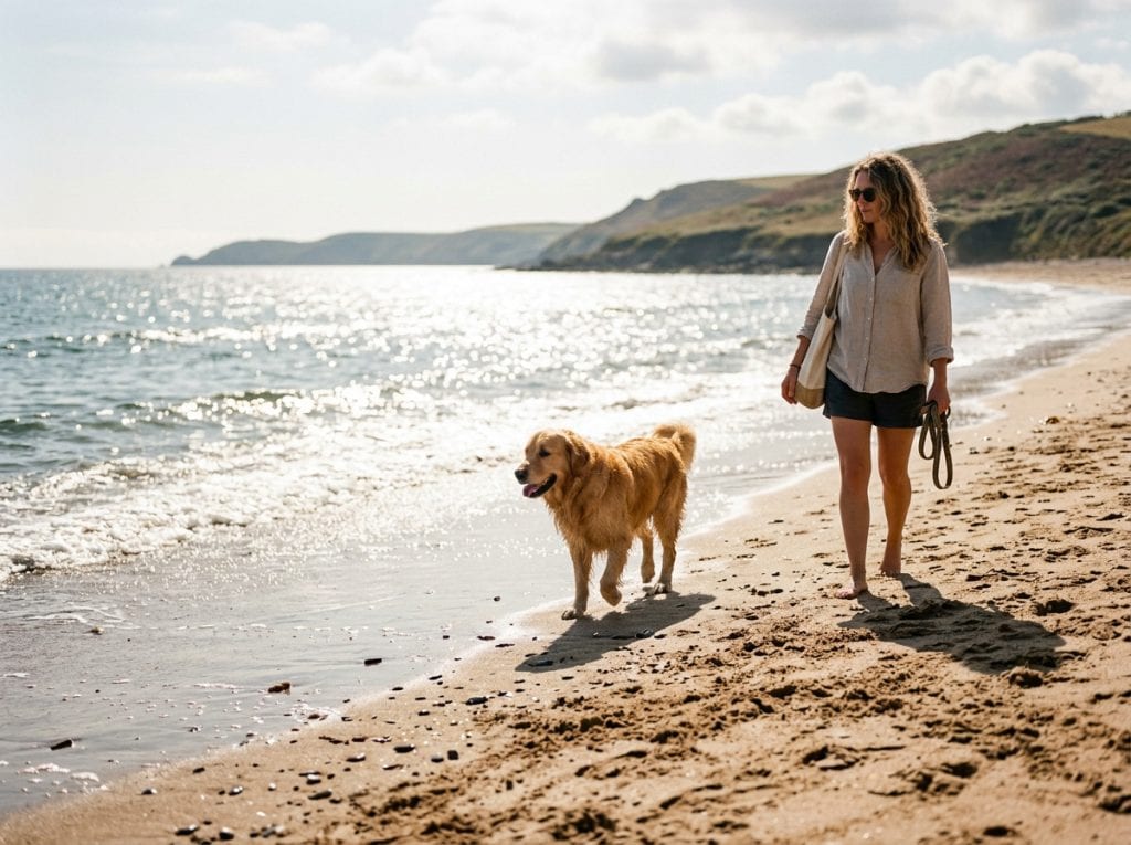 A Golden Retriever walks along wet shoreline sand on a bright summer beach while reflective sunlight shines across the water, illustrating how heat from sand and surrounding surfaces can quietly affect dogs during warm weather walks.