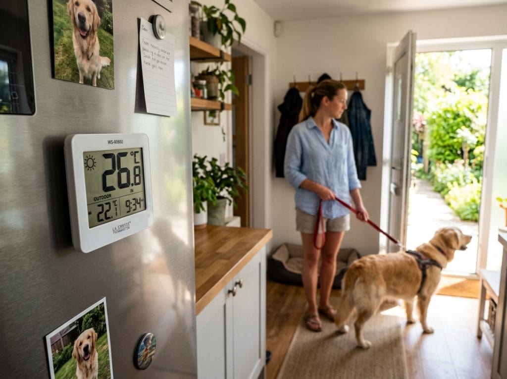 A dog owner pauses before taking a Golden Retriever for a summer walk while a close-up thermometer on a kitchen fridge shows warm temperatures, highlighting the importance of checking heat conditions before walking dogs.