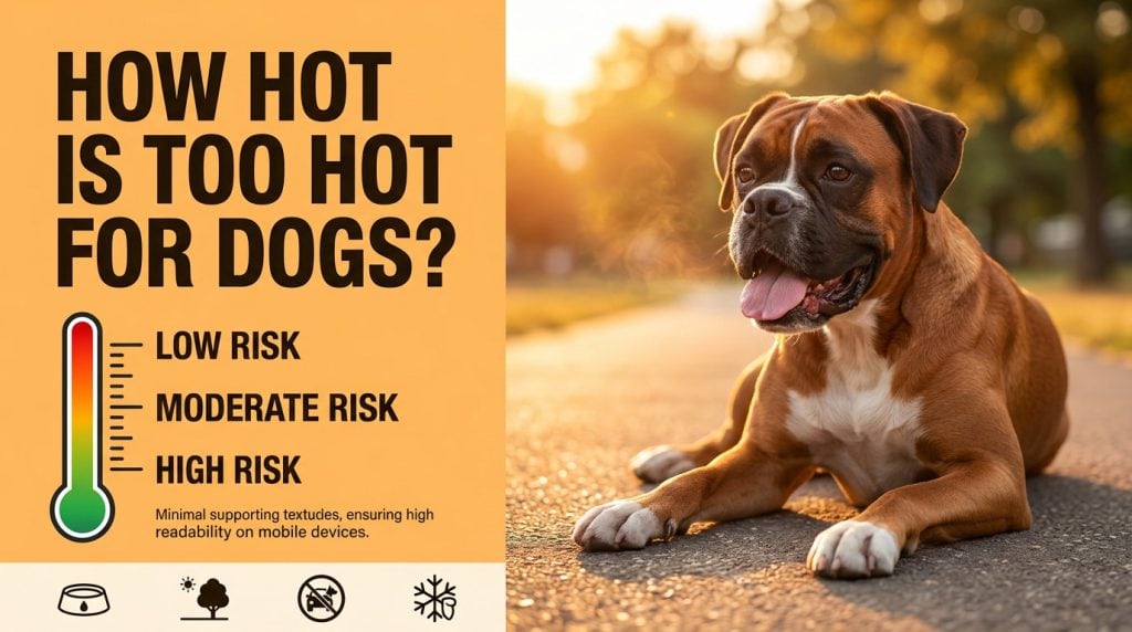 Educational heat safety graphic showing a Boxer dog resting on warm pavement beside a temperature risk guide explaining safe and unsafe weather conditions for dogs.