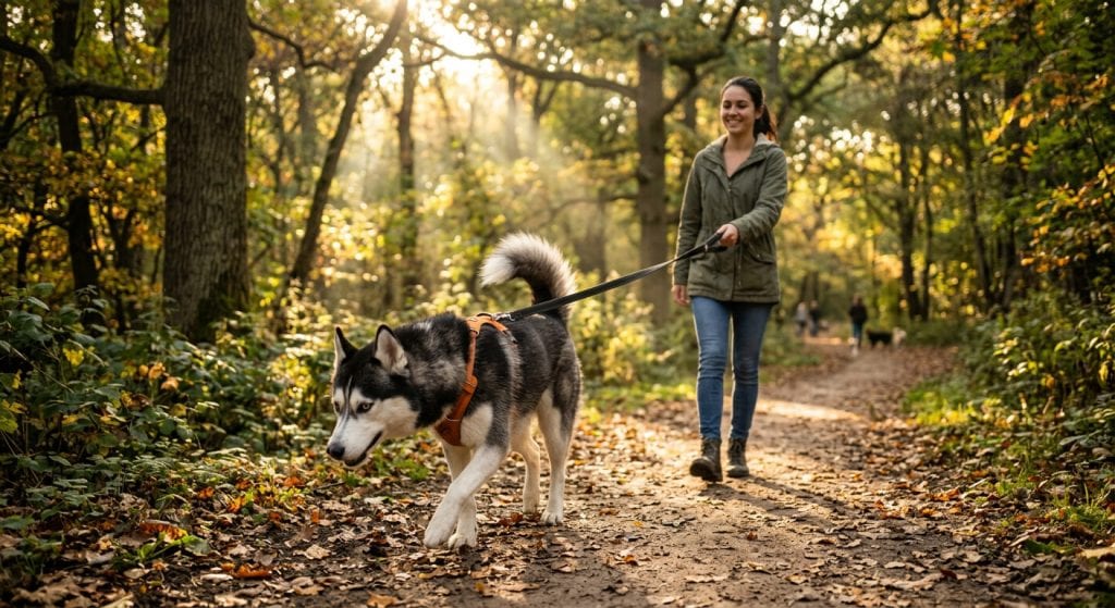 Woman walking husky in autumn park.