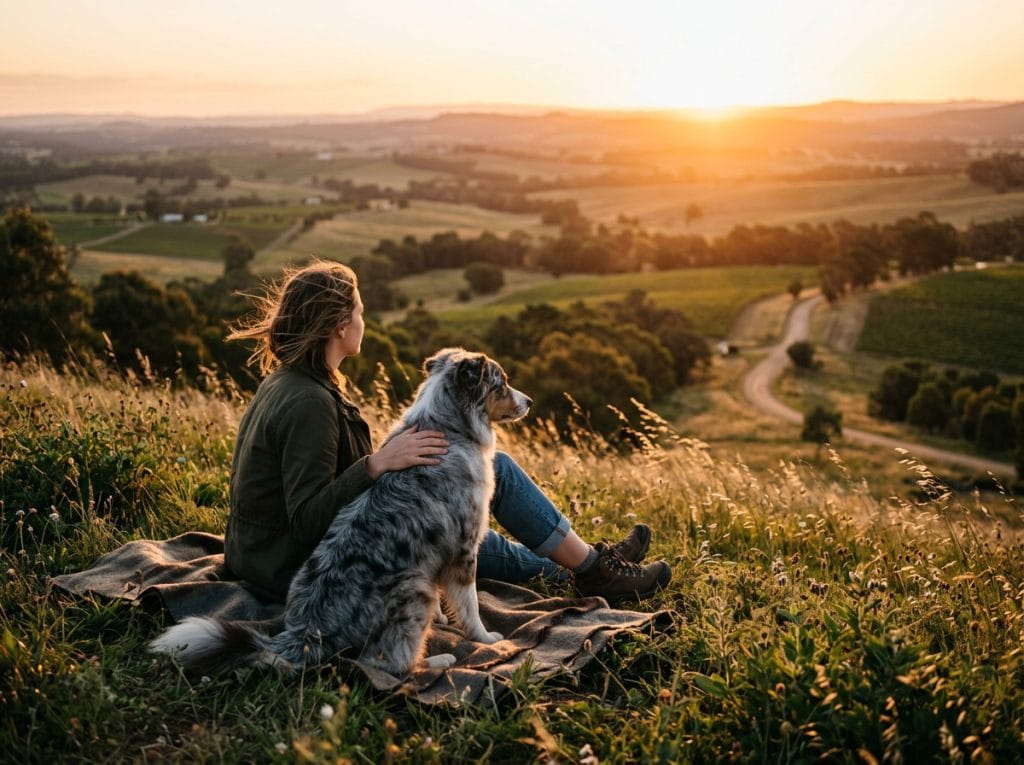 An Australian Shepherd sits beside its owner on a grassy hillside at sunset, illustrating calm awareness and thoughtful decision-making around walking dogs comfortably during warm weather.
