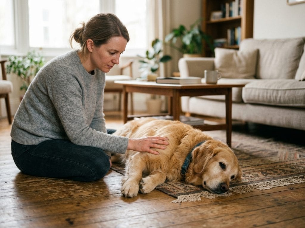 Owner gently checking dog lying on floor at home showing calm first aid awareness and monitoring behaviour