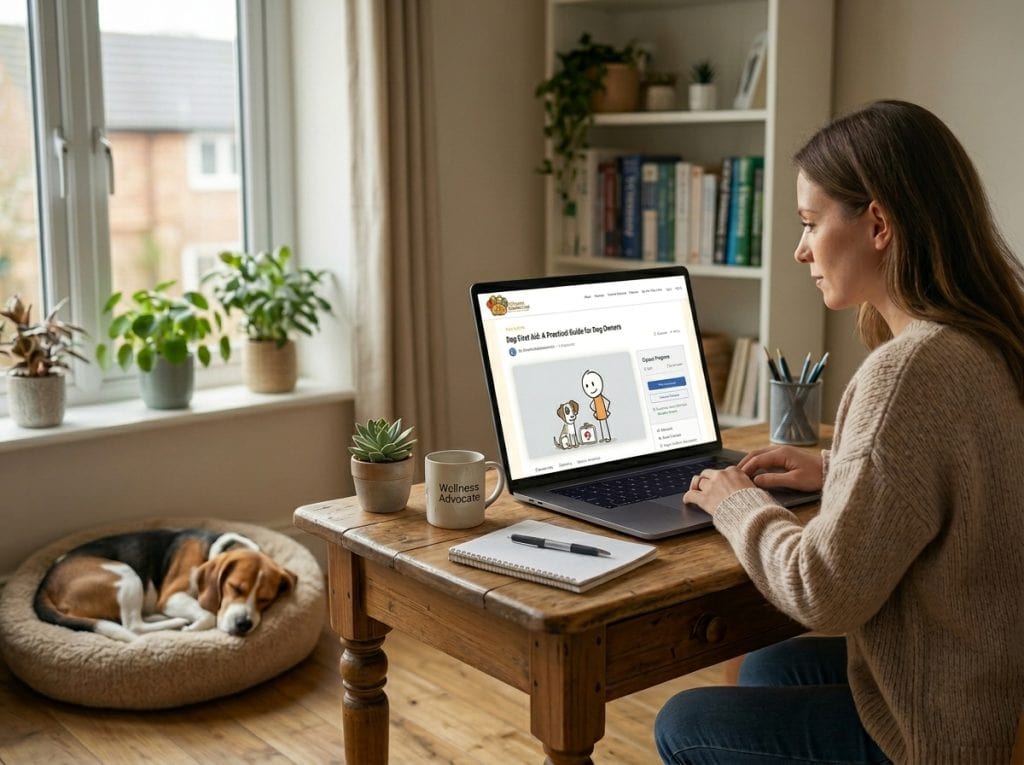owner-learning-dog-first-aid-online-while-dog-rests-at-home