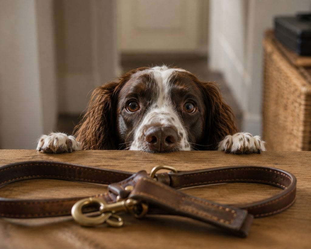 An English Springer Spaniel peers over a hallway table with its paws resting on the edge while sniffing at a dog lead, illustrating a dog waiting expectantly for a walk during warm weather conditions.