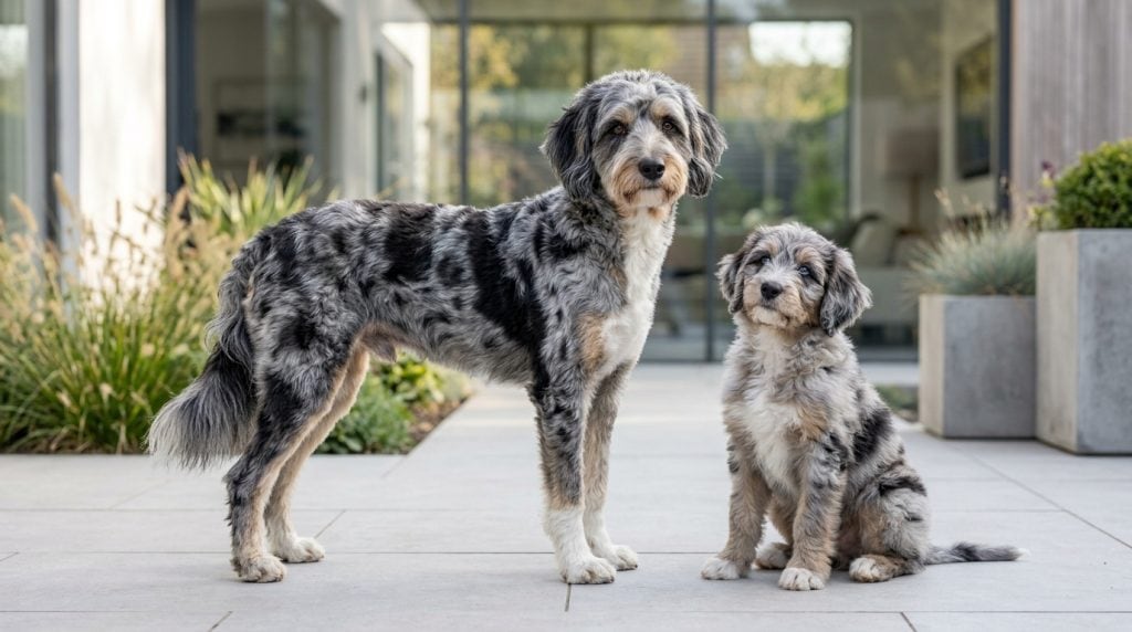 Adult Aussiedoodle standing in profile beside an Aussiedoodle puppy in a contemporary landscaped courtyard, showcasing the breed's athletic build, blue merle fleece coat, gentle expression and Australian Shepherd–Poodle characteristics.