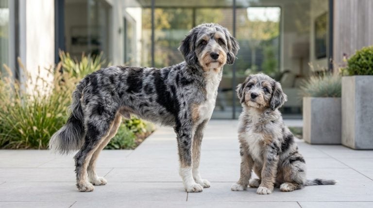 Adult Aussiedoodle standing in profile beside an Aussiedoodle puppy in a contemporary landscaped courtyard, showcasing the breed's athletic build, blue merle fleece coat, gentle expression and Australian Shepherd–Poodle characteristics.