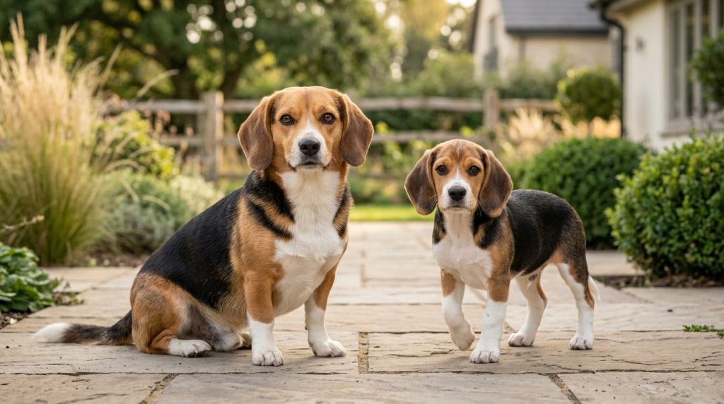 Adult and puppy Beagi in a contemporary landscaped garden, showing the breed's balanced Beagle and Pembroke Welsh Corgi characteristics with a compact athletic build, slightly elongated body, sturdy short legs, tricolour double coat and friendly, alert expression