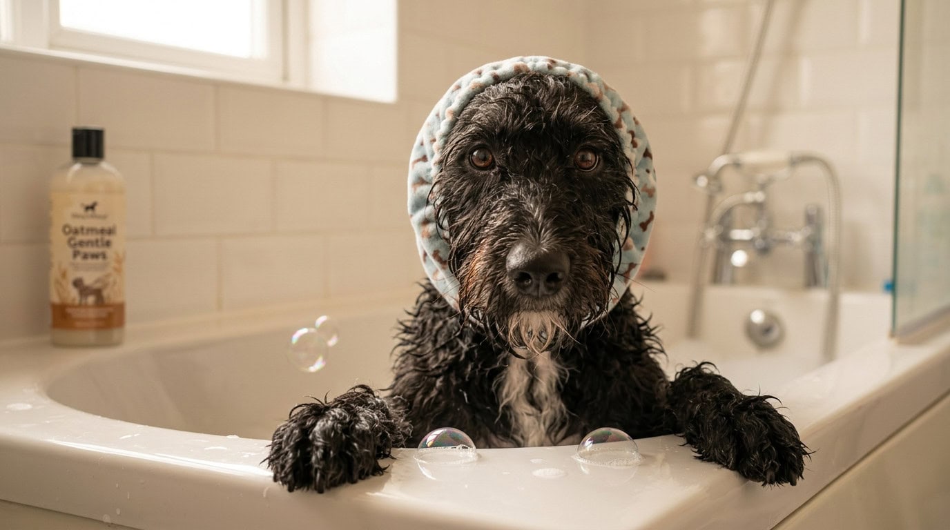 Dog enjoying a gentle bath with shampoo, calm and relaxed