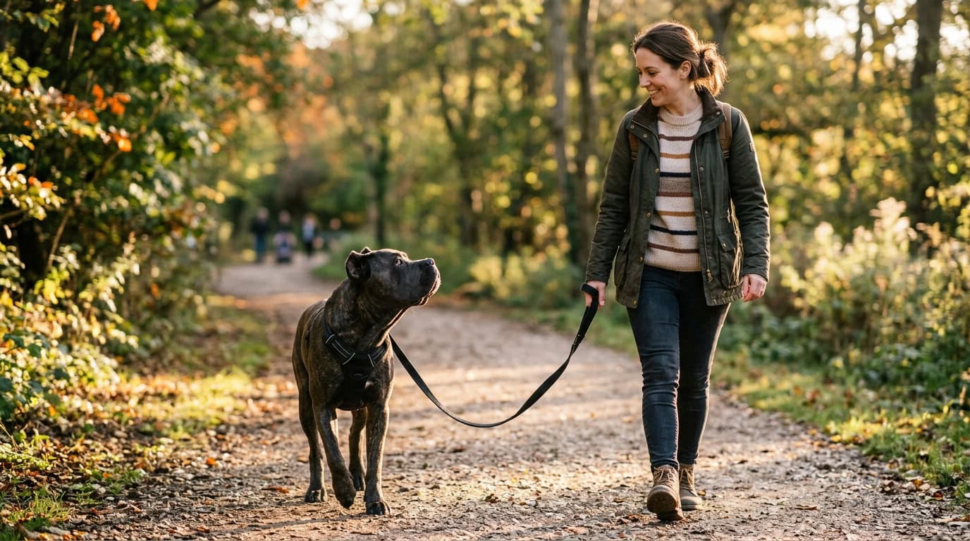 Large, powerful dog walking calmly on a harness and lead, without strain