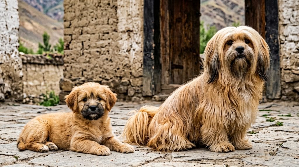 Adult golden Lhasa Apso sitting beside a young puppy in a traditional Himalayan stone courtyard.